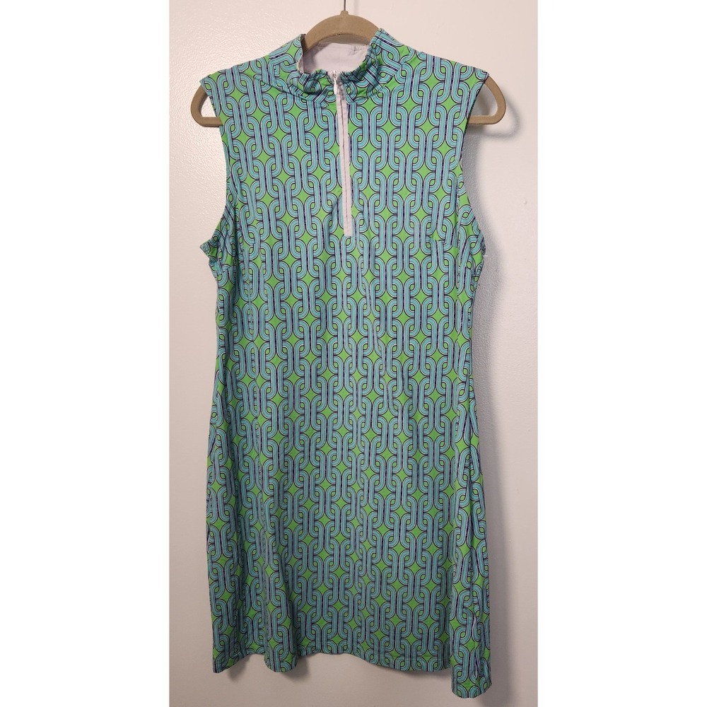 IBKUL Geo Green Women's Andrea 1/4 Zip Dress Sleeveless Mock Neck L Golf Tennis